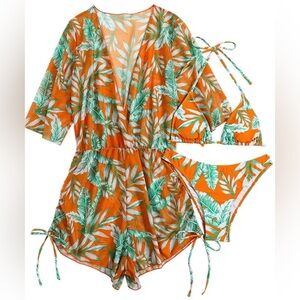 Three Piece Orange, Green & White Tropical Print Bikini & Romper Coverup Set